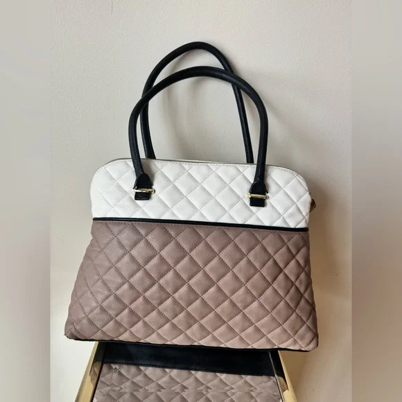 Betsey Johnson White and Brown Quilted Satchel Bowler Bag - Picture 2 of 12